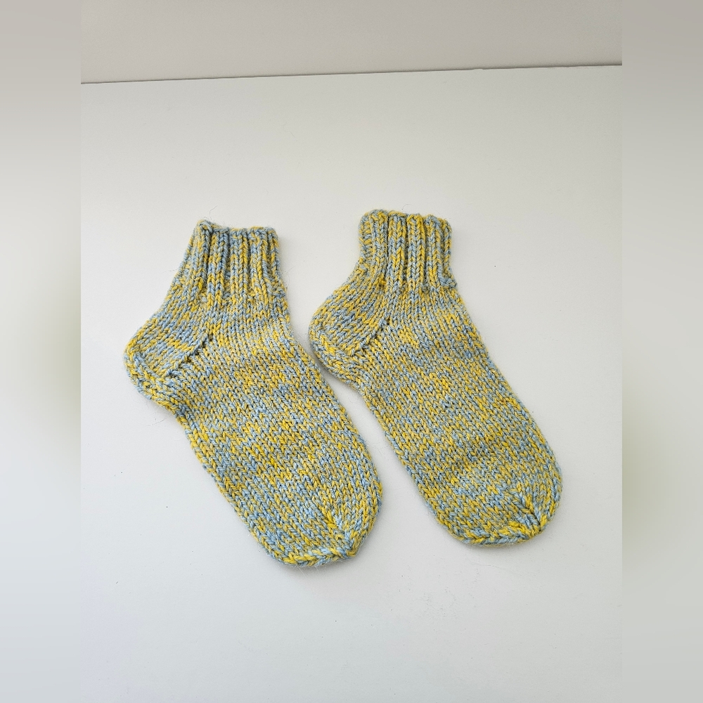 Handmade Wool Knit Socks - Yellow & Blue Marled Yarn - Artisanal Winter Warmers